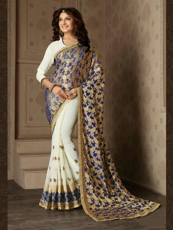 Soft Embroidered Georgette Designer Saree in Off-white and light blue