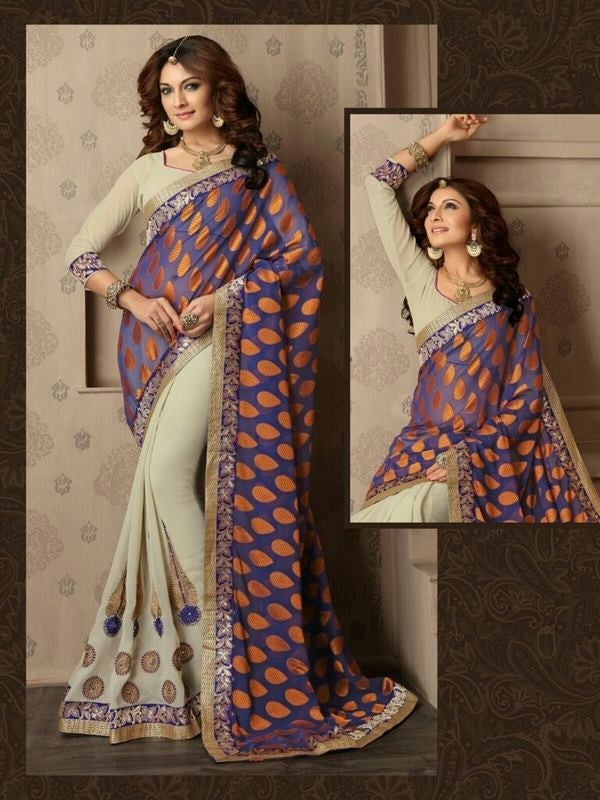 Embroidered Georgette Designer Saree in Off-white and grayish blue