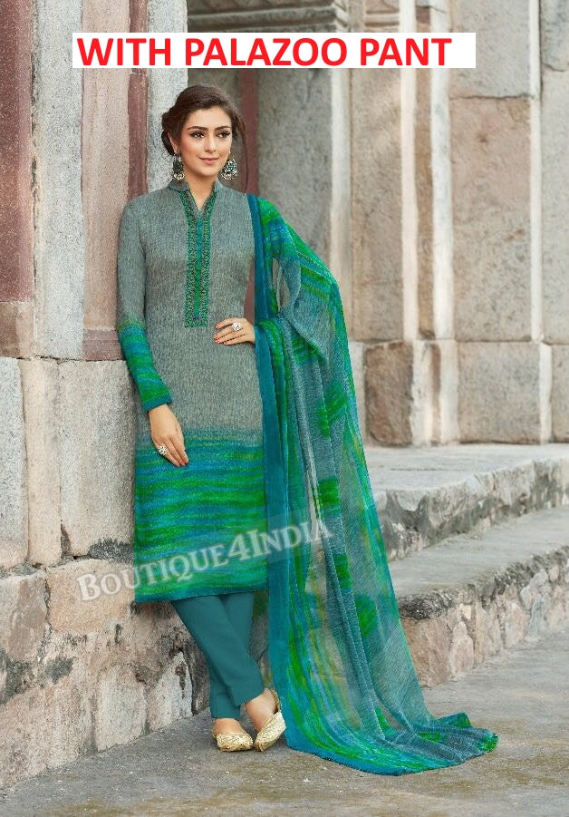 Green Printed Pashmina Palazoo Suit