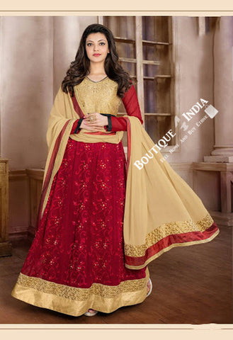 2-1 Salwar And Lehenga Heavy Work Wedding Designer Collection - Golden Yellow And Maroon Resplendent Unique Designer Wear Salwar Convertible Lehenga / Party Wear / Wedding / Special Occasions / Festivals - Semi Stitched, Blouse - Ready to Stitch - Boutique4India Inc.