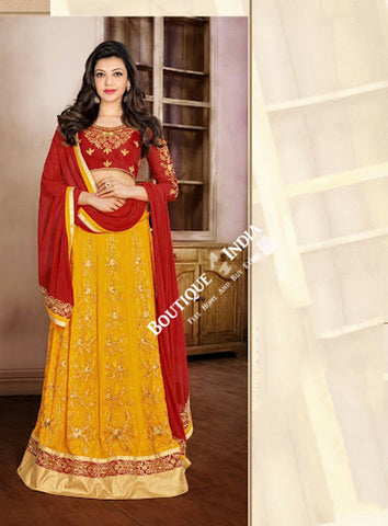 2-1 Salwar And Lehenga Heavy Work Wedding Designer Collection - Golden Yellow And Maroon Resplendent Unique Designer Wear Salwar Convertible Lehenga / Party Wear / Wedding / Special Occasions / Festivals - Semi Stitched, Blouse - Ready to Stitch - Boutique4India Inc.