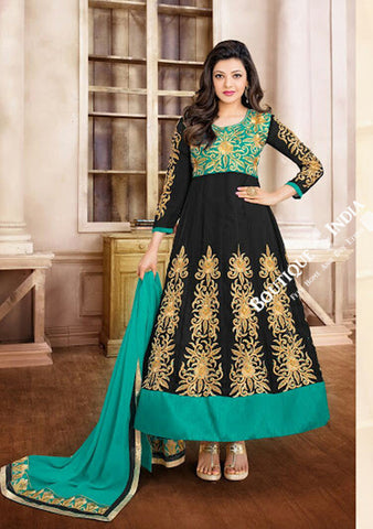 2-1 Salwar And Lehenga Heavy Work Wedding Designer Collection - Turquoise, Black And Golden Resplendent Unique Designer Wear Salwar Convertible Lehenga / Party Wear / Wedding / Special Occasions / Festivals - Semi Stitched, Blouse - Ready to Stitch - Boutique4India Inc.