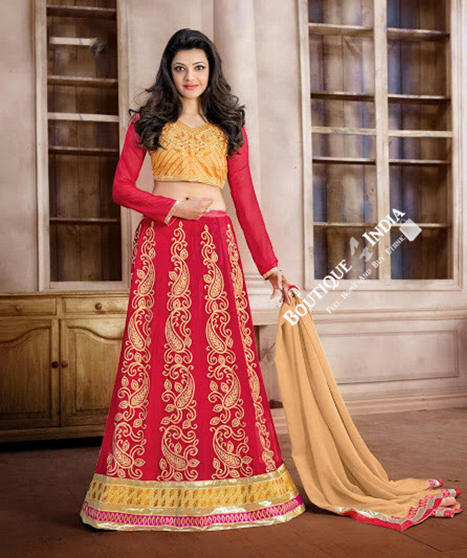 2-1 Salwar And Lehenga Heavy Work Wedding Designer Collection - Golden Pink And Red Resplendent Unique Designer Wear Salwar Convertible Lehenga / Party Wear / Wedding / Special Occasions / Festivals - Semi Stitched, Blouse - Ready to Stitch - Boutique4India Inc.