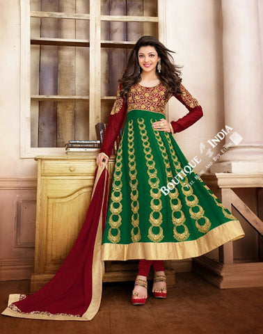 2-1 Salwar And Lehenga Heavy Work Wedding Designer Collection - Elegant Green, Maroon And Golden Resplendent Unique Designer Wear Salwar Convertible Lehenga / Party Wear / Wedding / Special Occasions / Festivals - Semi Stitched, Blouse - Ready to Stitch - Boutique4India Inc.