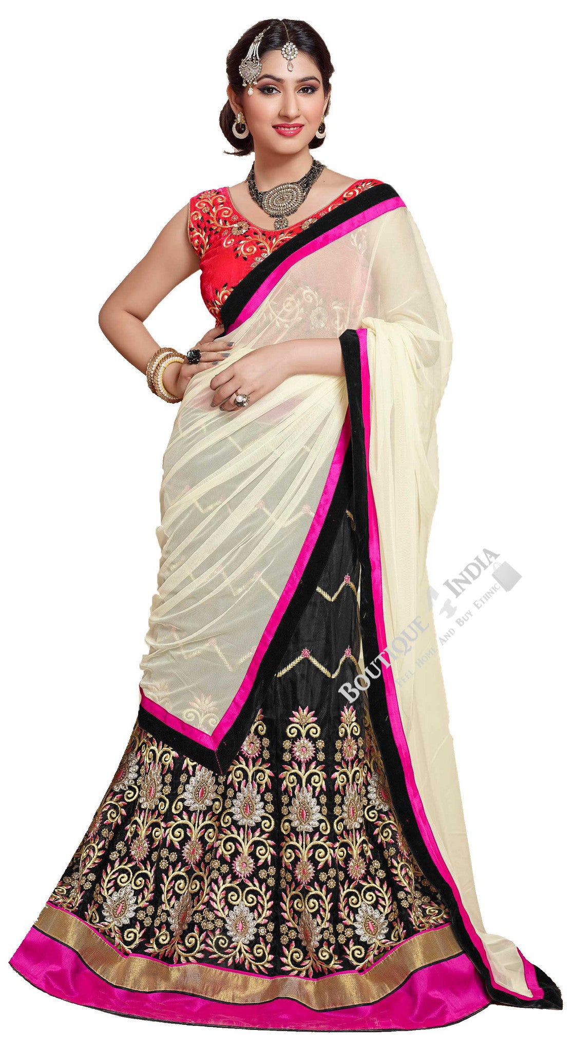 Lehenga - Attractive Heavy Work Designer Lehenga Collection - Pink, Black, Red And Golden Most Beautiful 3 Piece Semi Stitched Lehenga Collection For Party / Wedding / Special Occassions - Semi Stitched, Blouse - Ready to Stitch - Boutique4India Inc.