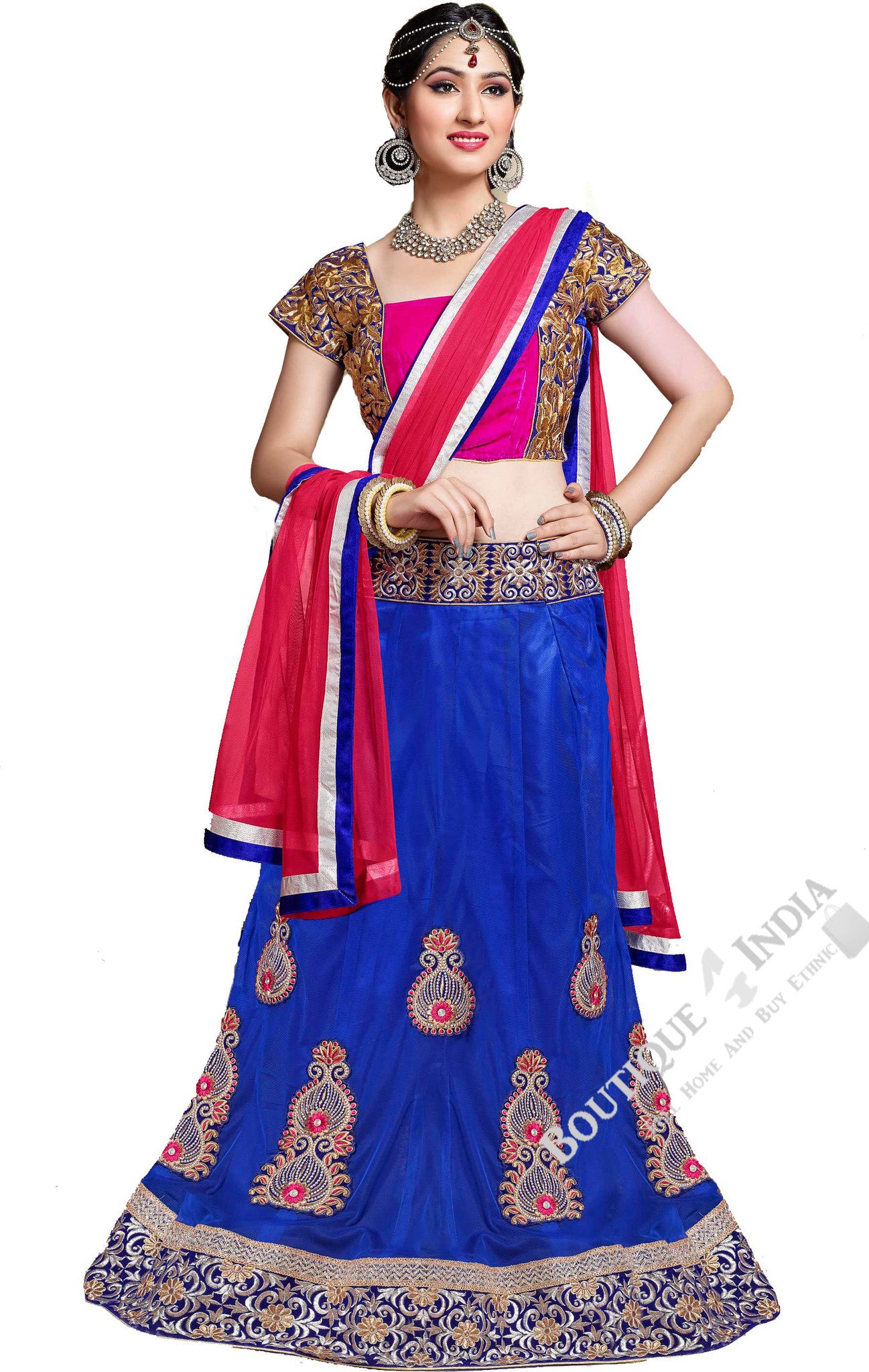Lehenga - Attractive Heavy Work Designer Lehenga Collection - Rich Blue And Hot Pink Most Beautiful 3 Piece Semi Stitched Lehenga Collection For Party / Wedding / Special Occasions - Semi Stitched, Blouse - Ready to Stitch - Boutique4India Inc.