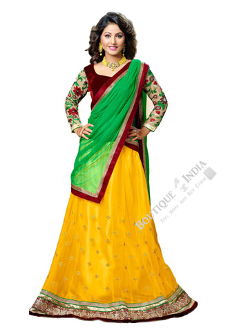 Lehengas - Attractive Heavy Work Designer Lehenga Collection - Velvet Maroon, Green, Yellow And Golden Most Beautiful 3 Piece Semi Stitched Lehenga Collection For Party / Wedding / Special Occasions - Semi Stitched, Blouse - Ready to Stitch - Boutique4India Inc.