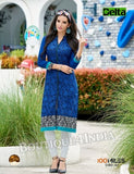 Blue Self Design and printed Cotton Kurti