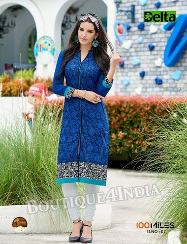 Blue Self Design and printed Cotton Kurti