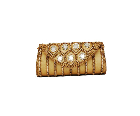Golden color Dupion Silk Clutch Bag with beads and Stone work - Boutique4India Inc.