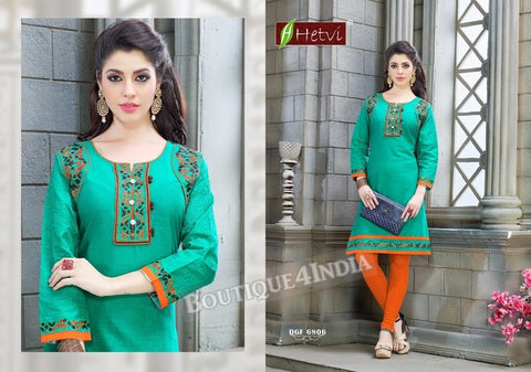Turquoise Cotton 3/4 sleeves Slub Kurti 