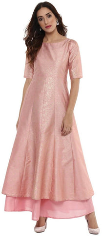 Pink Silk Anarkali Foil Print Kurti