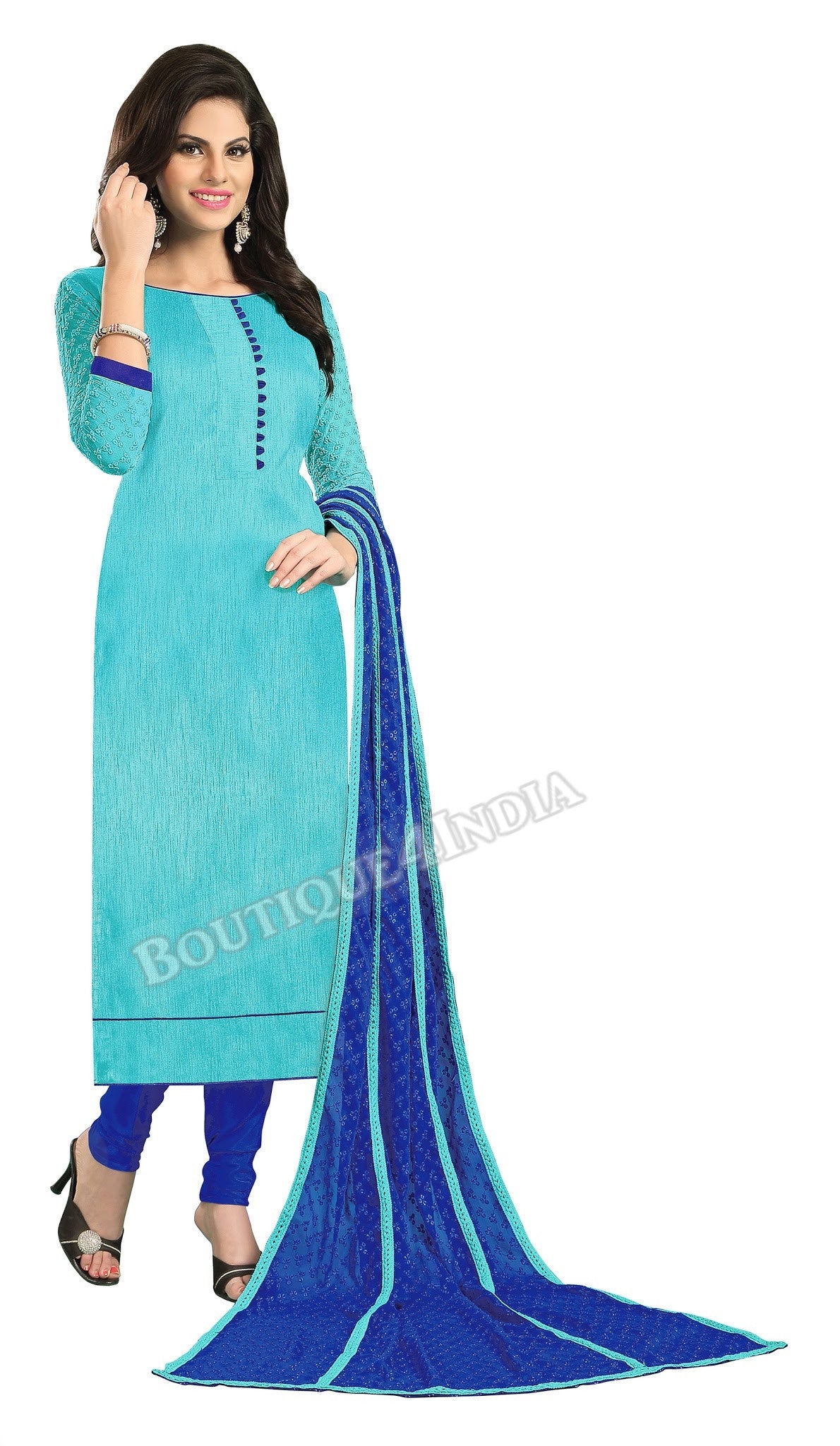 Shades of Blue Color Chanderi Embroidered Straight Cut Salwar Suit