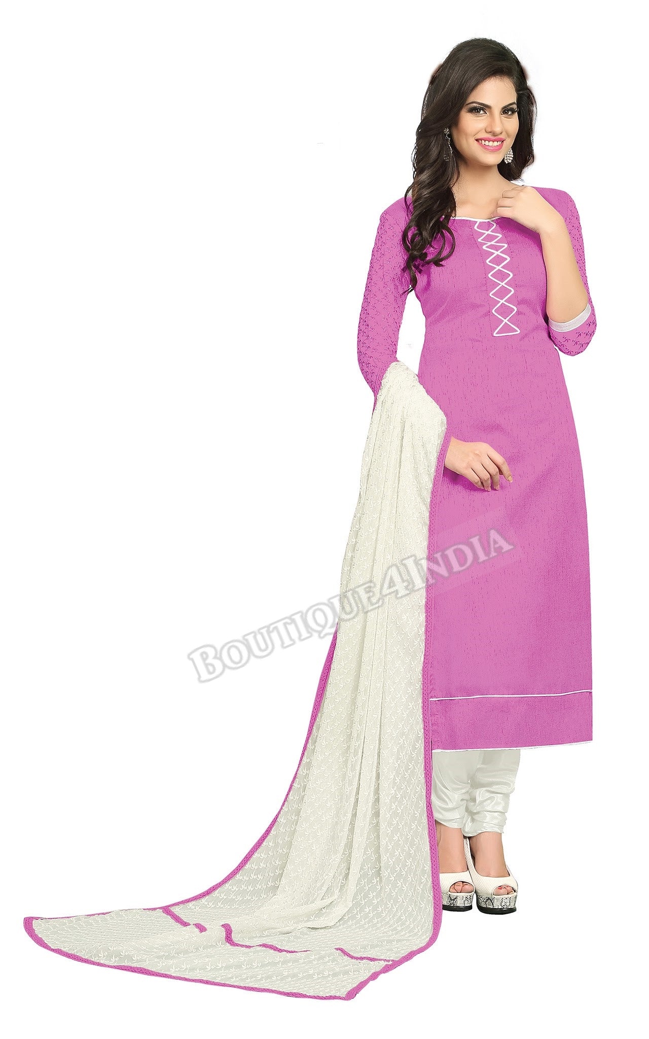 Pink and white Color Chanderi Embroidered Straight Cut Salwar Suit