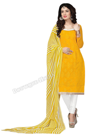 Yellow white Embroidered Color Chanderi Straight Cut Salwar Suit