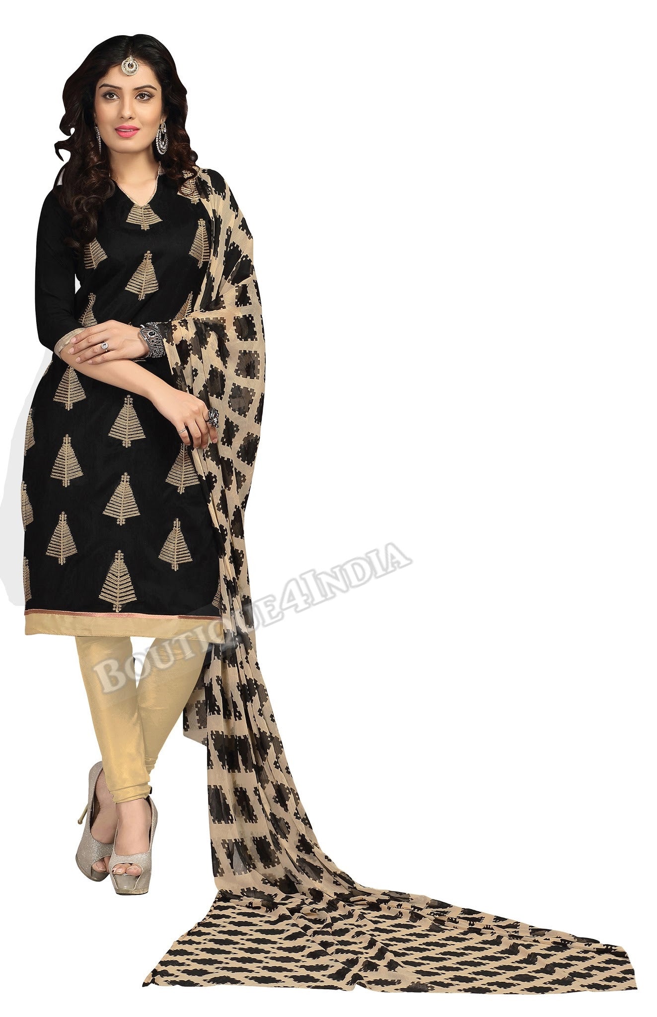 Black Beige Printed Color Chanderi Embroidered Straight Cut Salwar Suit