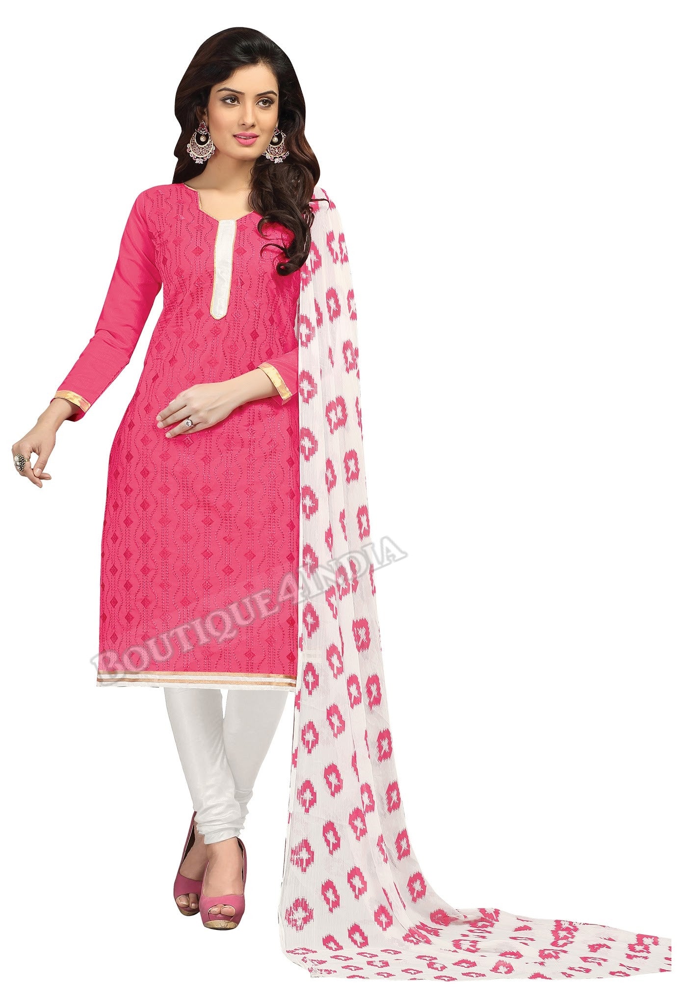 Pink white printed Chanderi Embroidered Straight Cut Salwar Suit