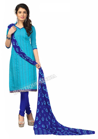 Blue Shades printed Chanderi Embroidered Straight Cut Salwar Suit