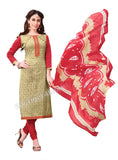 Beige Embroidered Patch worked Cotton Straight Cut Salwar Suit
