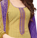 Dark Beige and pruple Embroidered Patch worked Cotton Straight Cut Salwar Suit