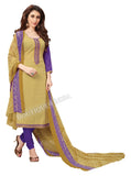 Dark Beige and pruple Embroidered Patch worked Cotton Straight Cut Salwar Suit