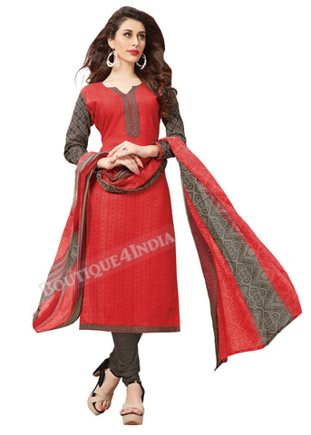 Rasberry Embroidered Patch worked Cotton Straight Cut Salwar Suit