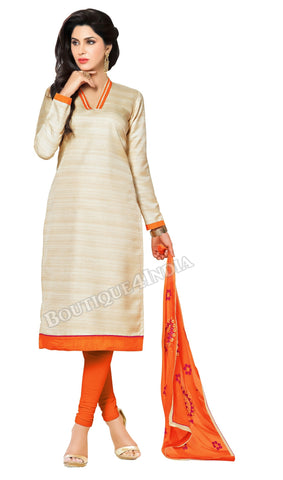 Beige and Orange Color Bhagalpuri style Straight Cut Salwar Suit