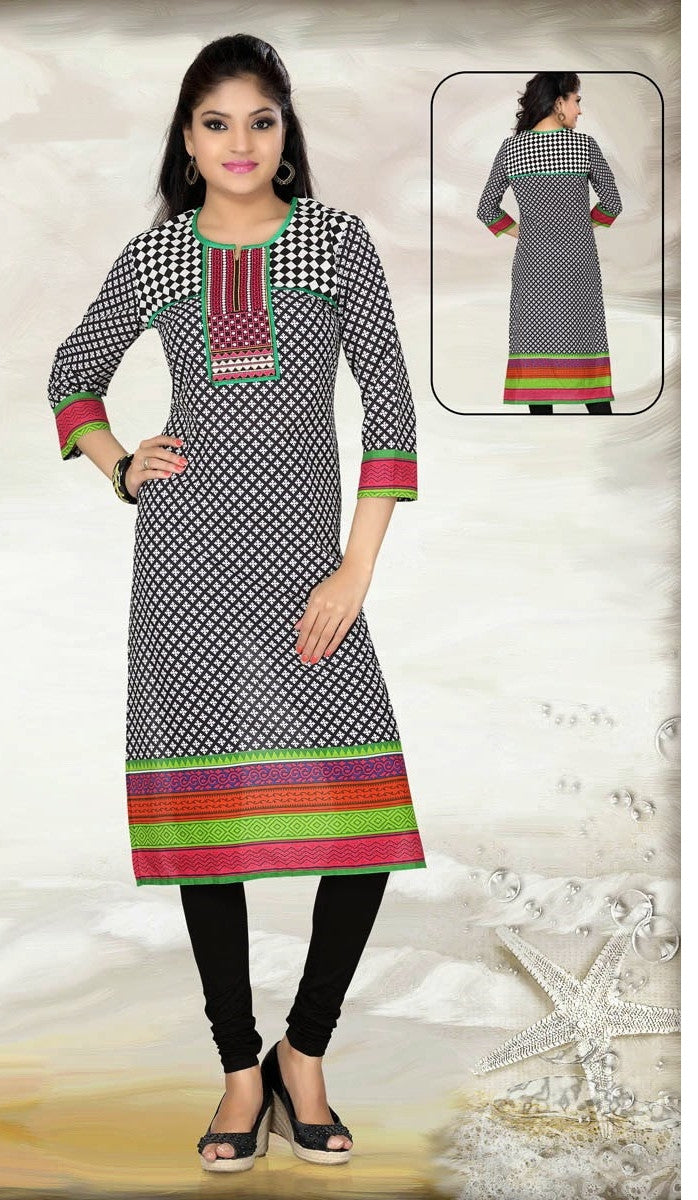 Cotton Tunic printed design in black and white and multicolor border - Boutique4India Inc.