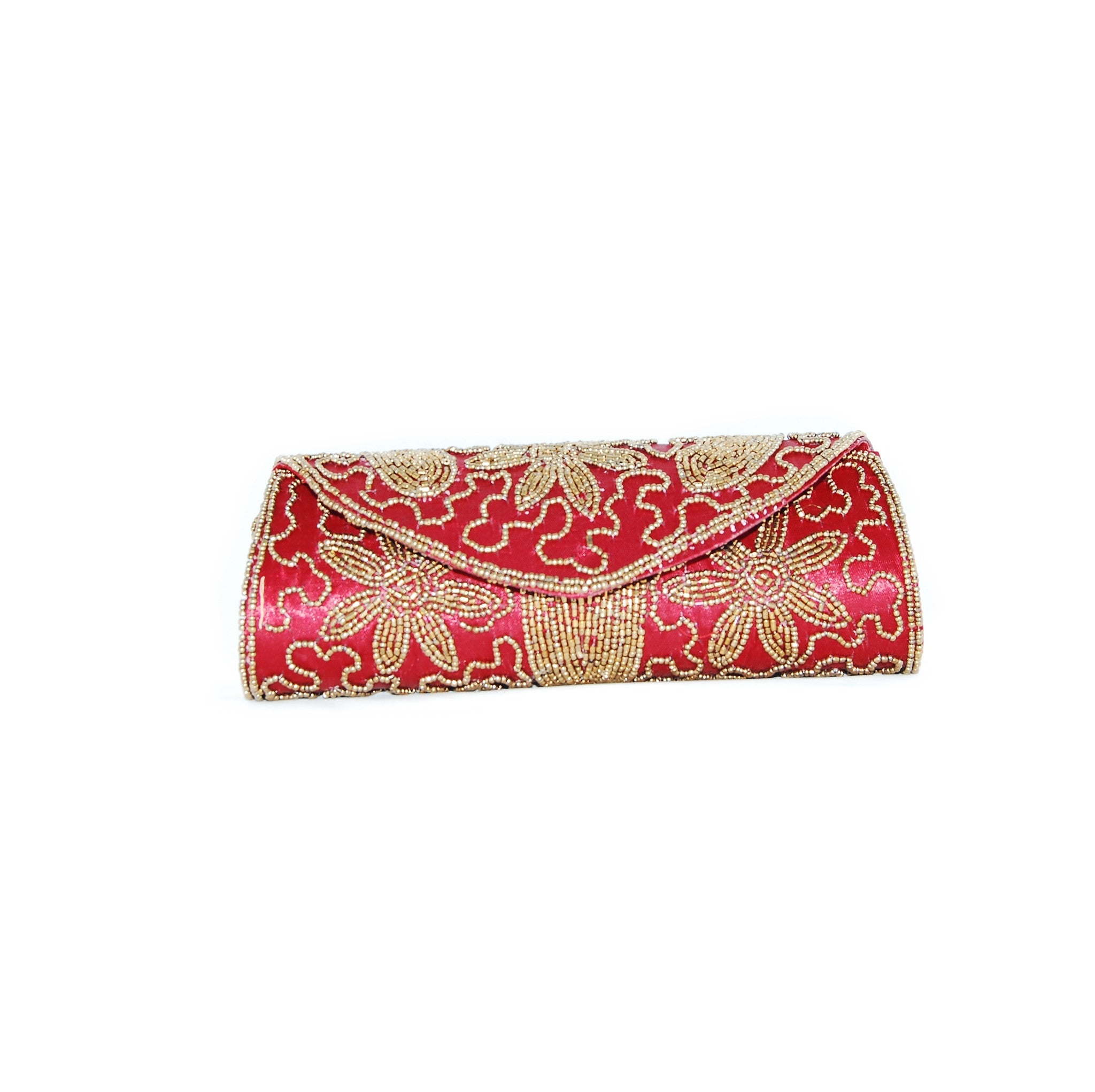 Red color Dupion Silk Clutch Bag with beads and Stone work