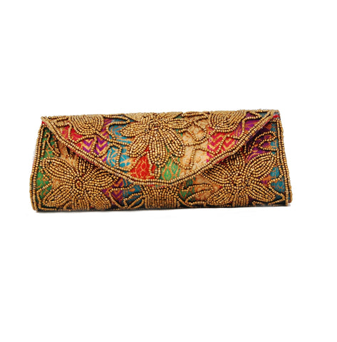 Multicolor Dupion Silk Clutch Bag with beads and Stone work - Boutique4India Inc.