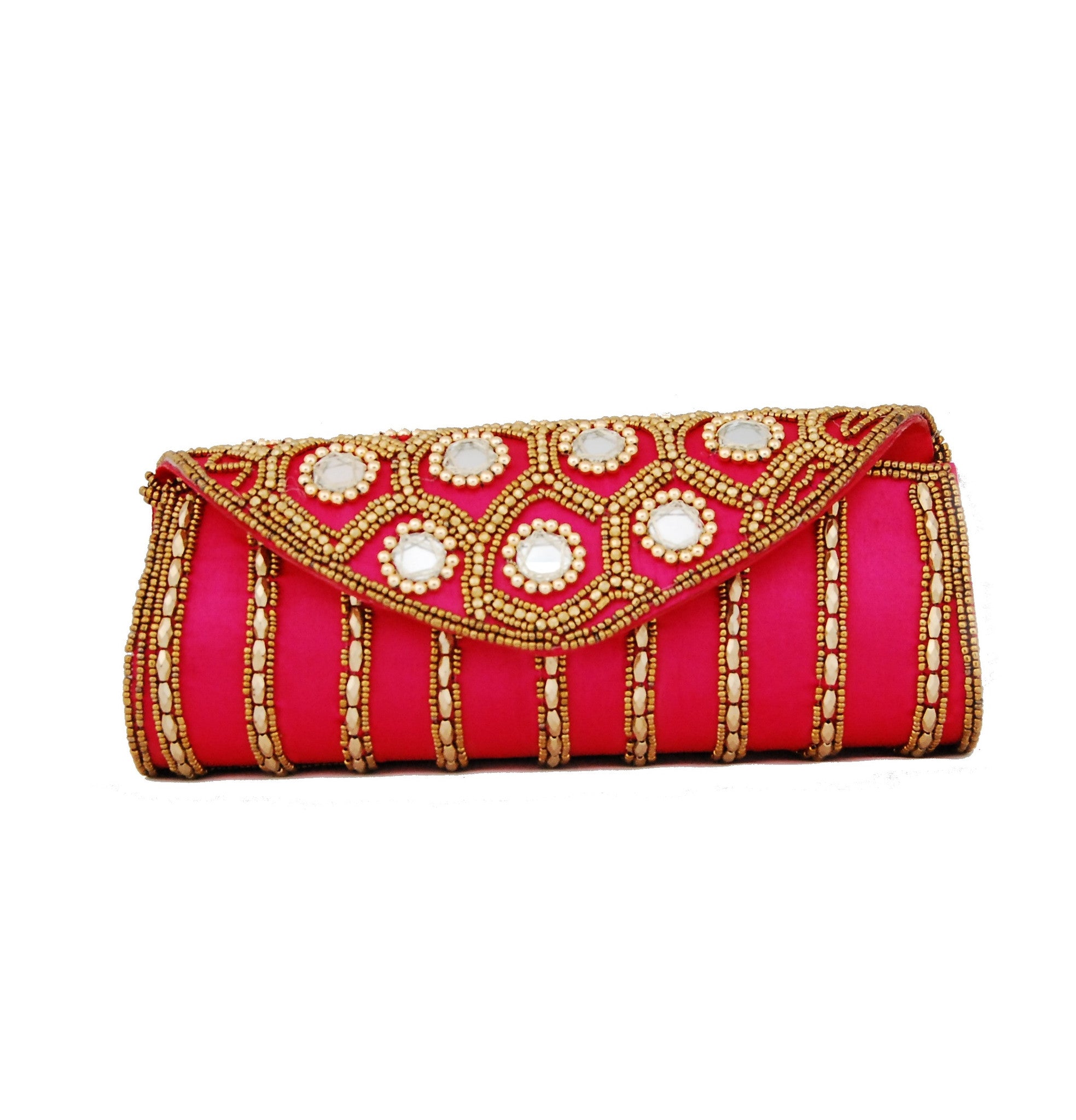Pink color Dupion Silk Clutch Bag with beads and Stone work