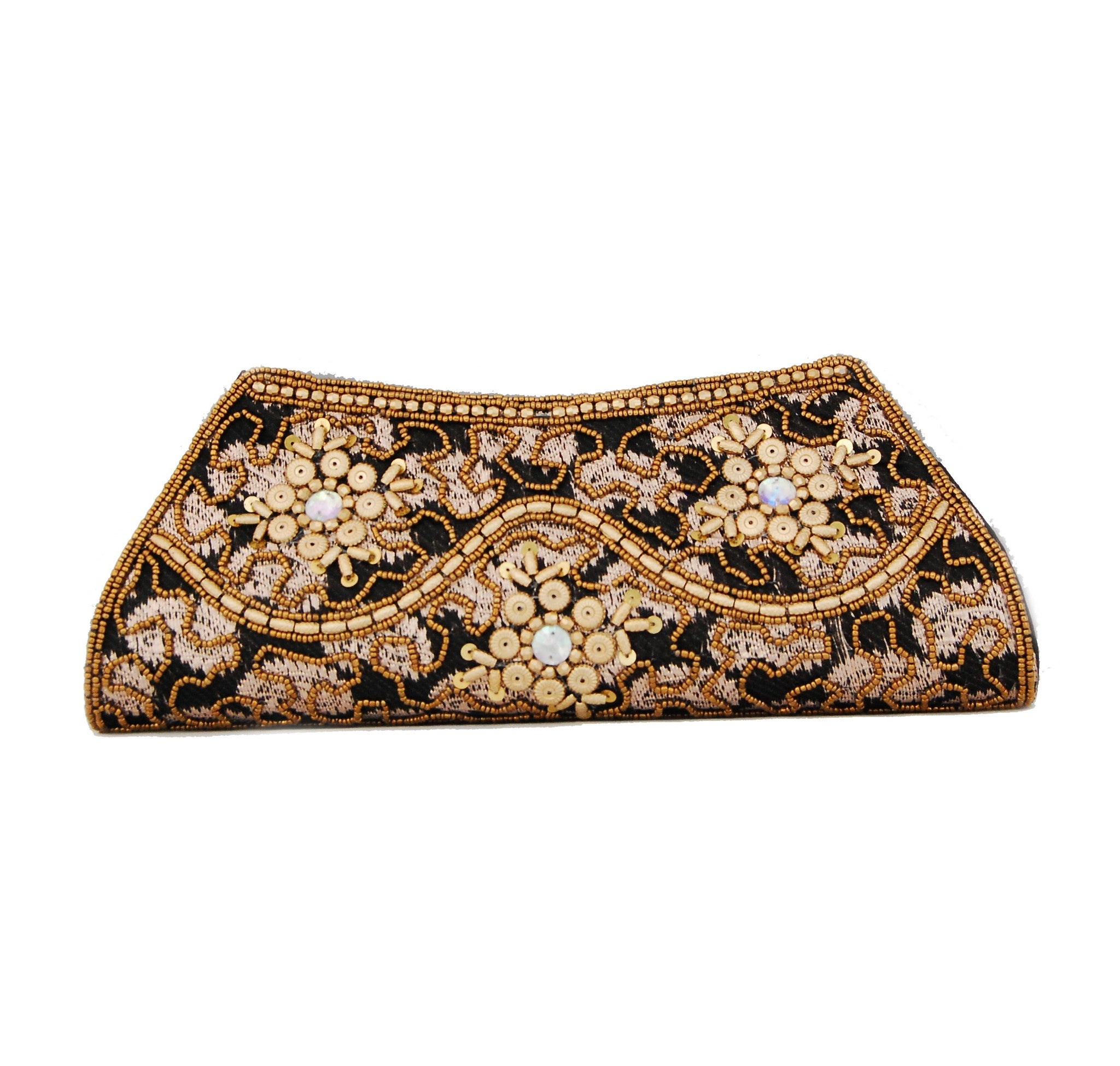 Black color Dupion Silk Clutch Bag with beads and Brocade Fabric - Boutique4India Inc.