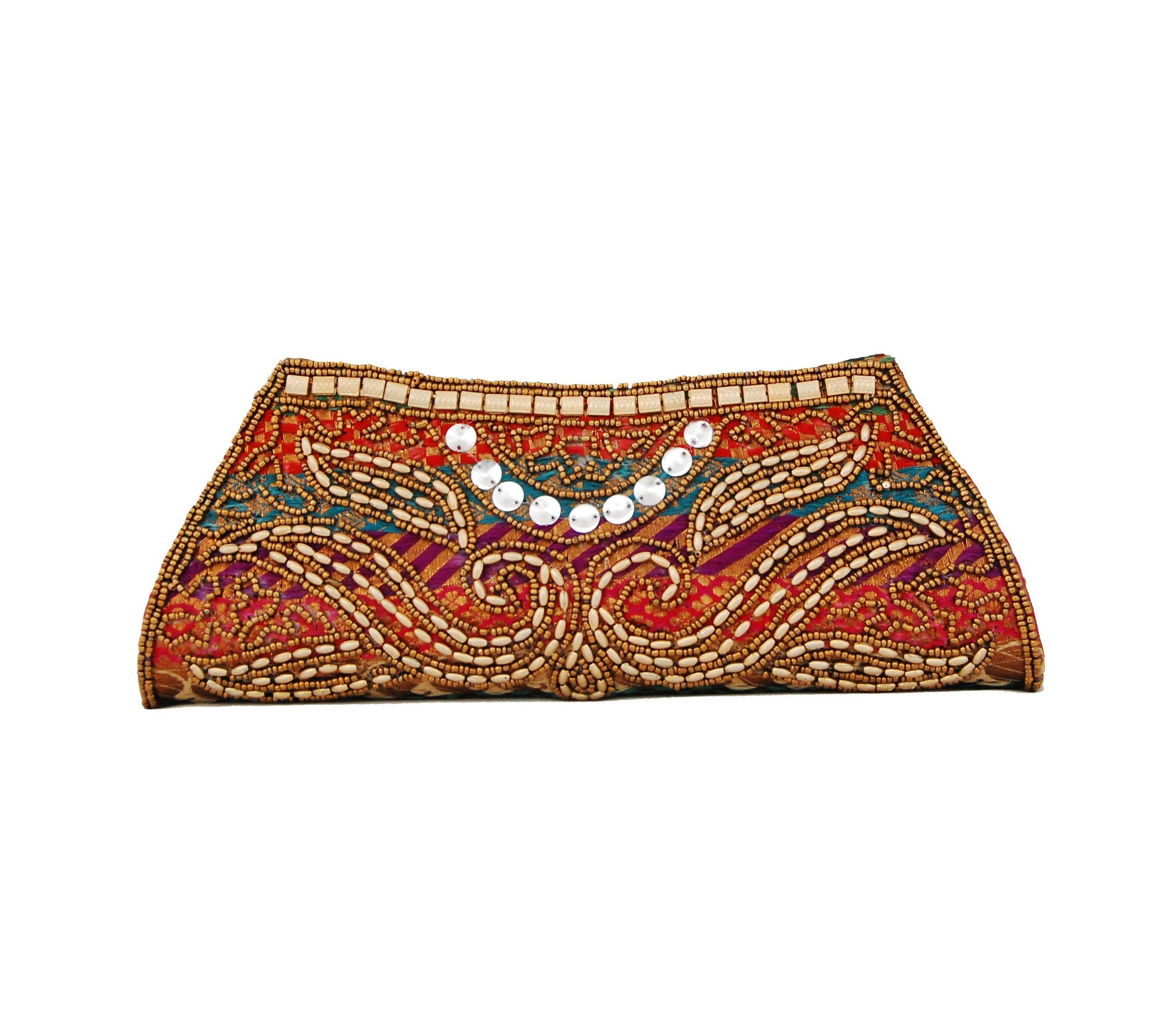 Multicolor Dupion Silk Clutch Bag with beads and Brocade Fabric - Boutique4India Inc.
