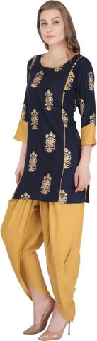 Blue Rayon Straight Printed Kurti With Dhoti