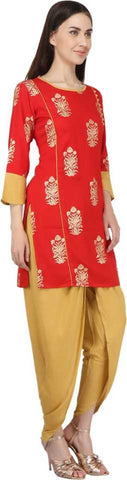 Red Rayon Straight Printed Kurti With Dhoti