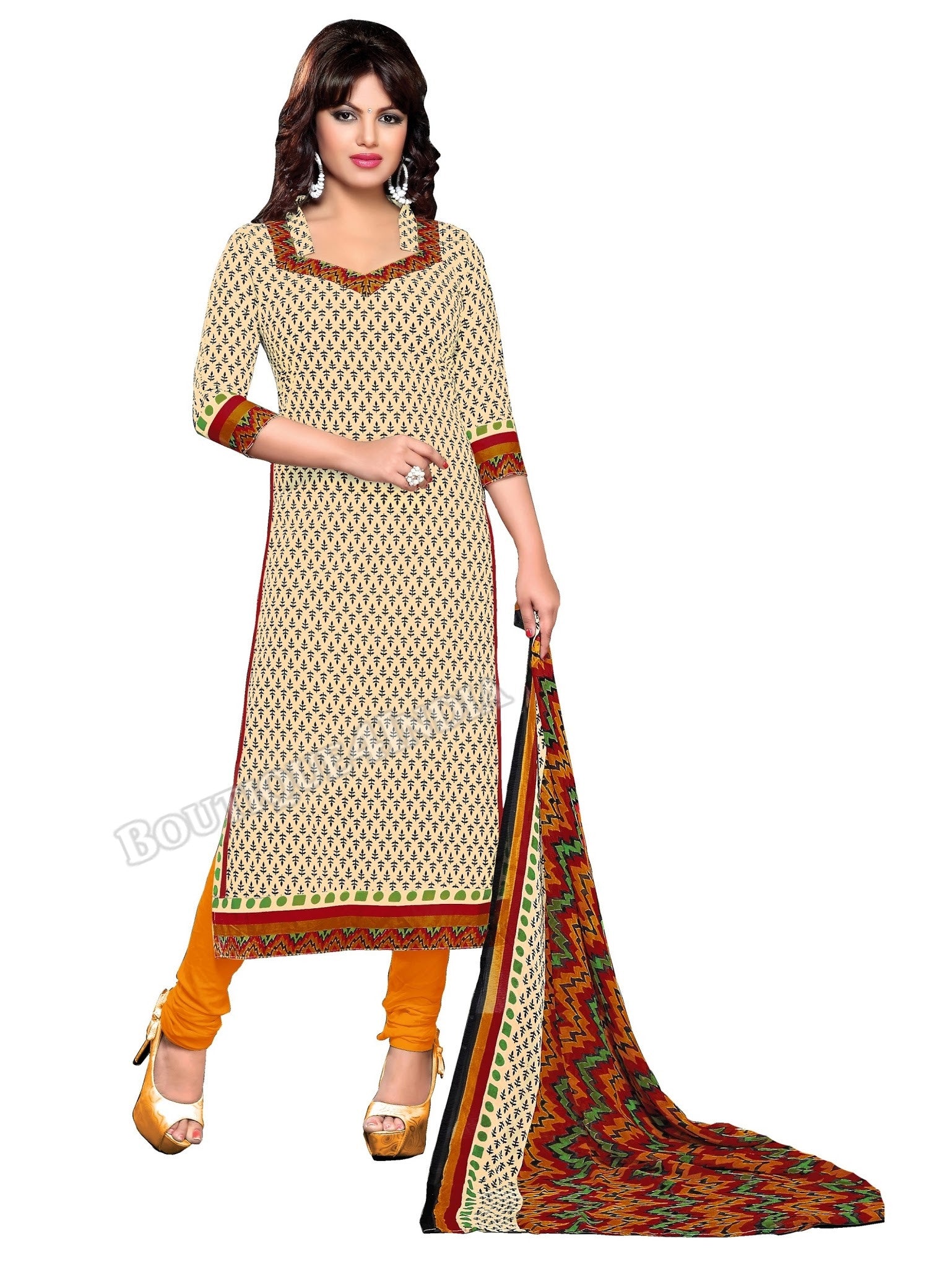 Beige, black and green Color Cotton printed Straight Cut Salwar Suit