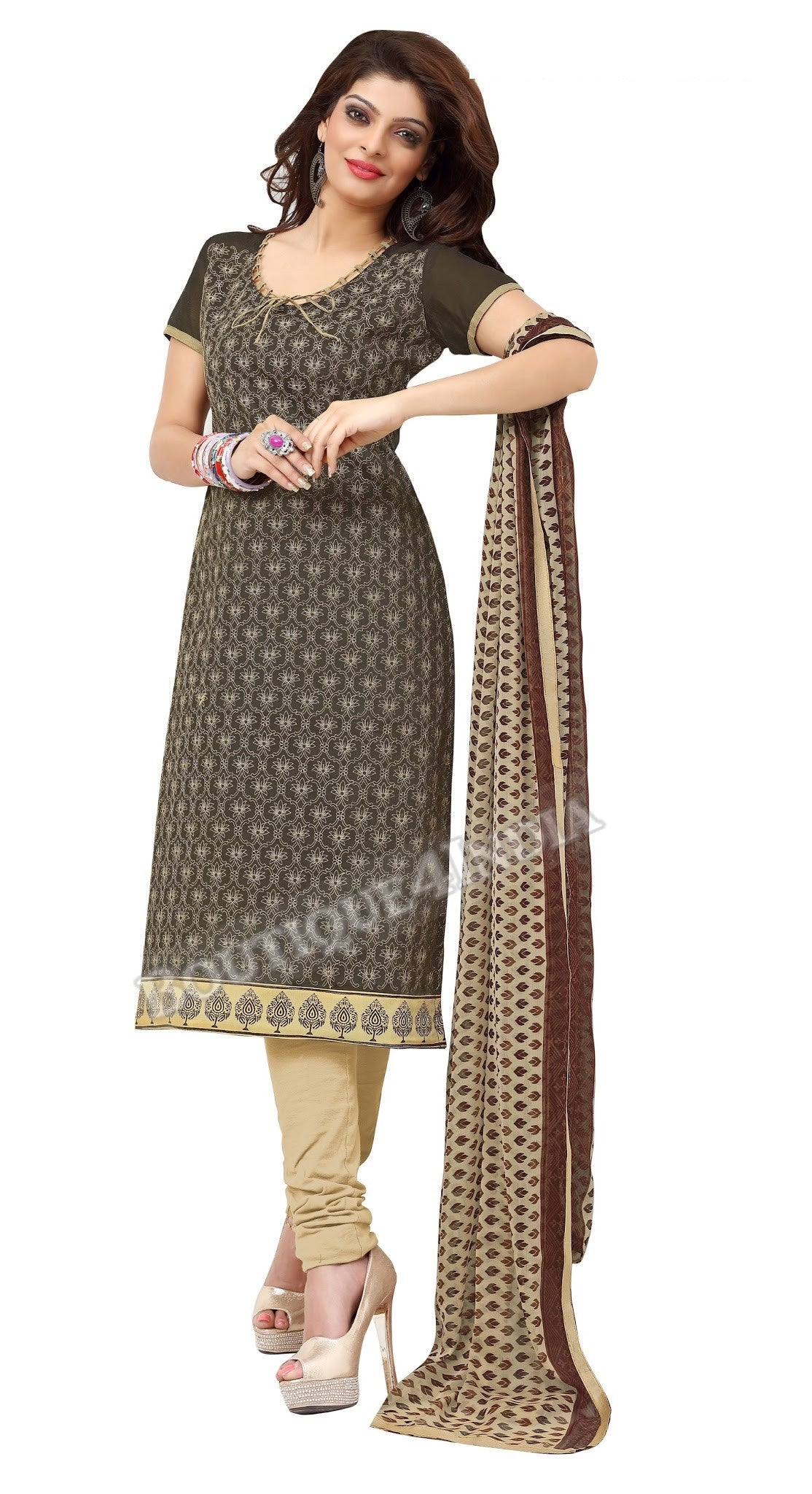 Dark Olive Color Chanderi Embroidered Straight Cut Salwar Suit
