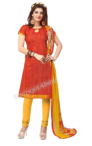 Orange Color Chanderi Embroidered Straight Cut Salwar Suit