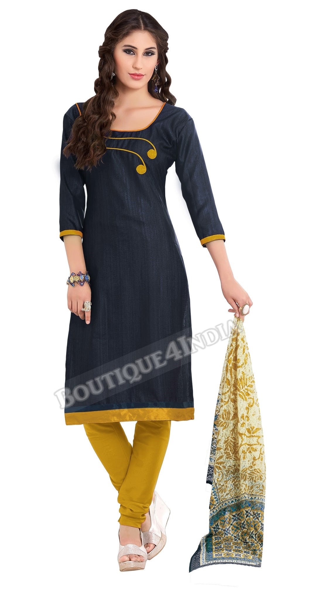 Navy Blue Color Khadi printed Straight Cut Salwar Suit