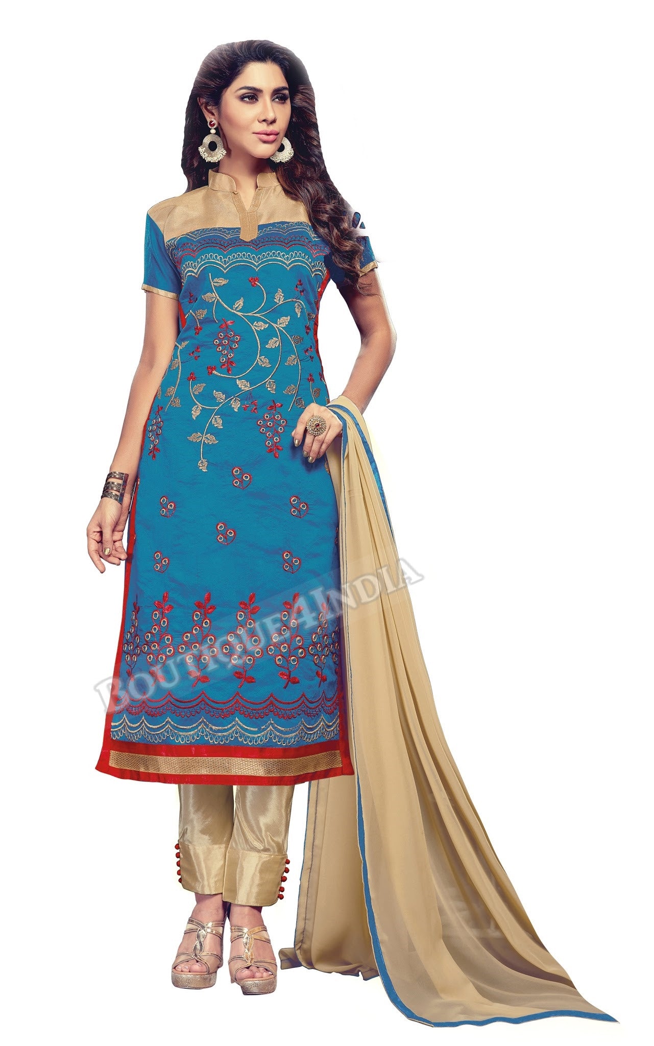 Blue and Beige Color Chanderi Embroidered Straight Cut stitched Salwar