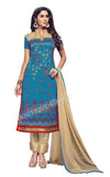 Blue and Beige Color Chanderi Embroidered Straight Cut stitched Salwar