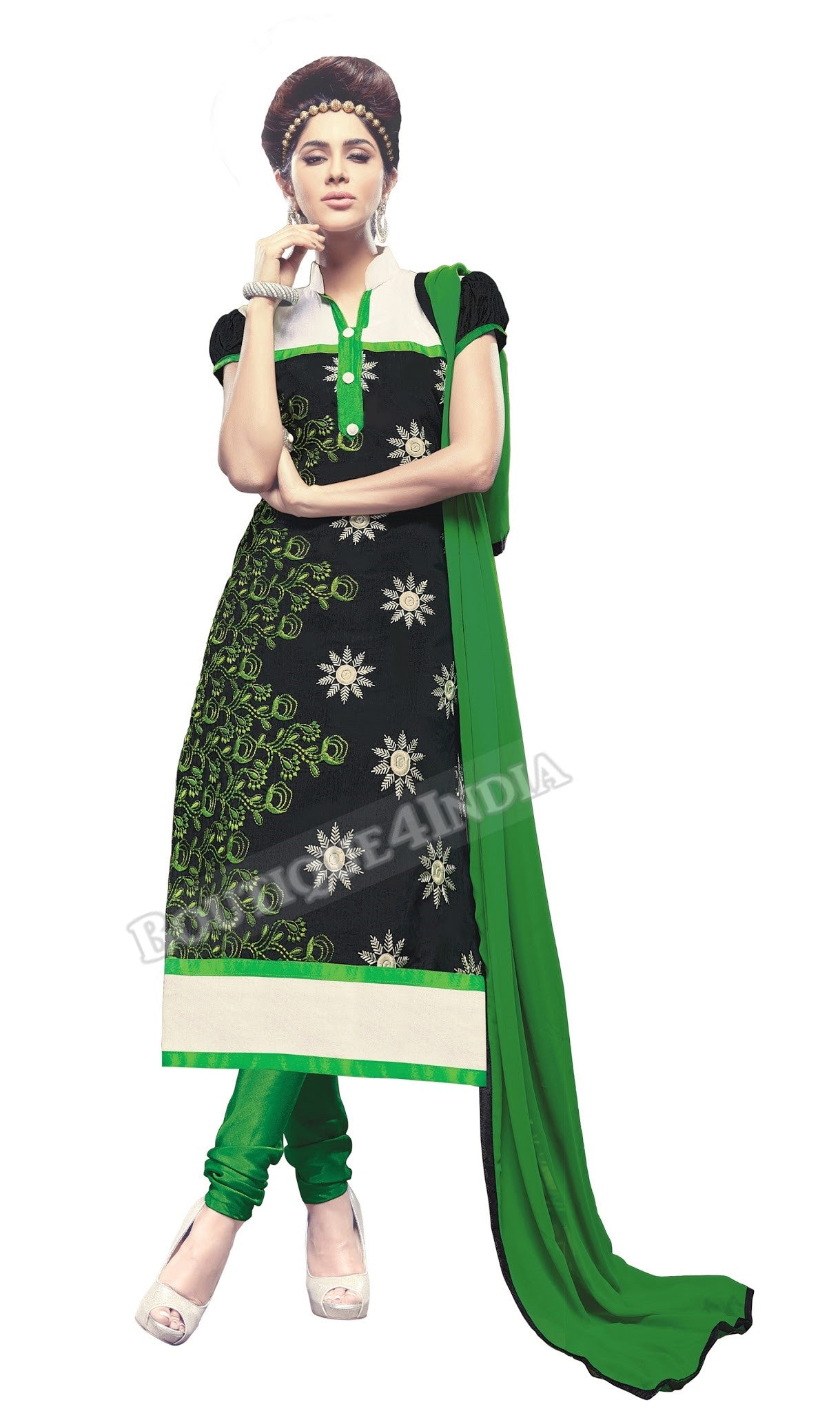 Black, green and white Color Chanderi Embroidered Straight Cut Salwar Suits