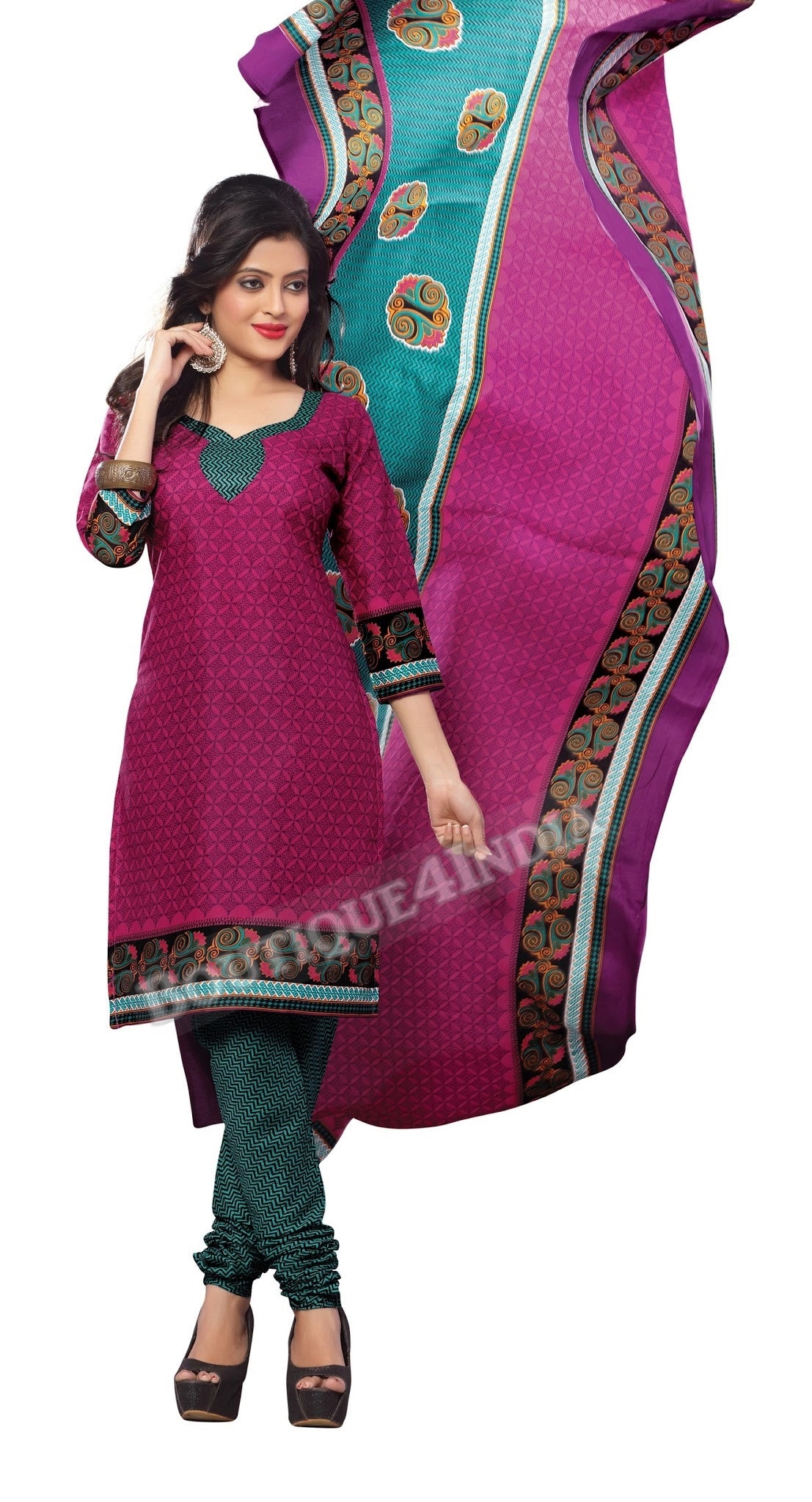 Strawberry and black Color Cotton Straight Cut Salwar Suit