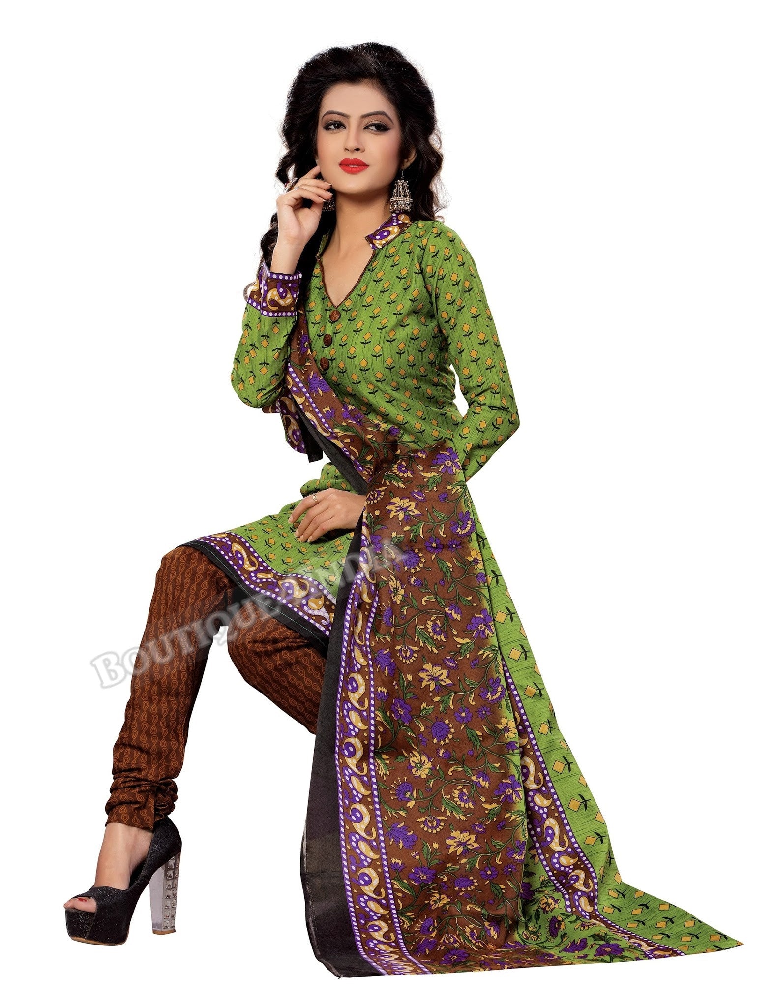 Green, yellow and black Color Cotton Straight Cut Salwar Suit