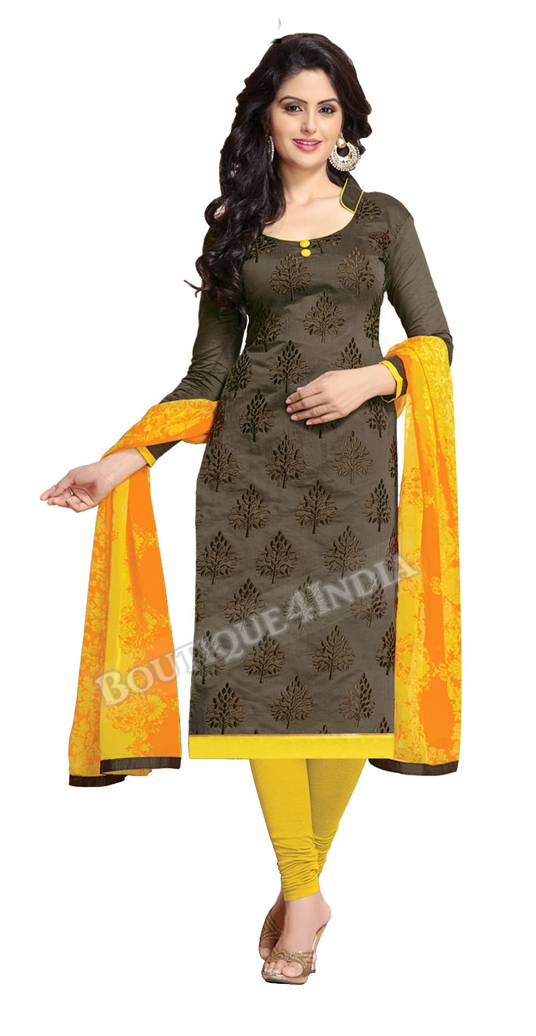 Brown Color Chanderi Embroidered Straight Cut Salwar Suit