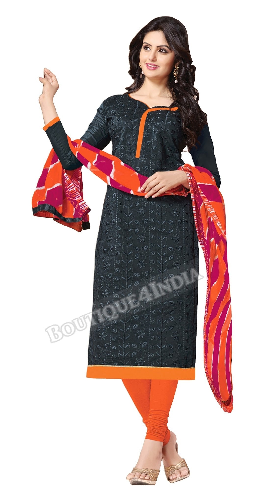 Black and Orange Color Chanderi Embroidered Straight Cut Salwar Suit