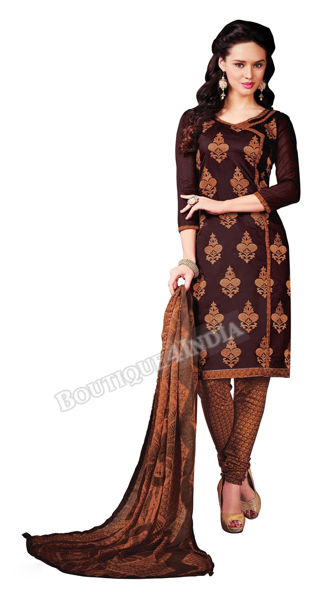 Dark Brown Color Chanderi Straight Cut Salwar Suit