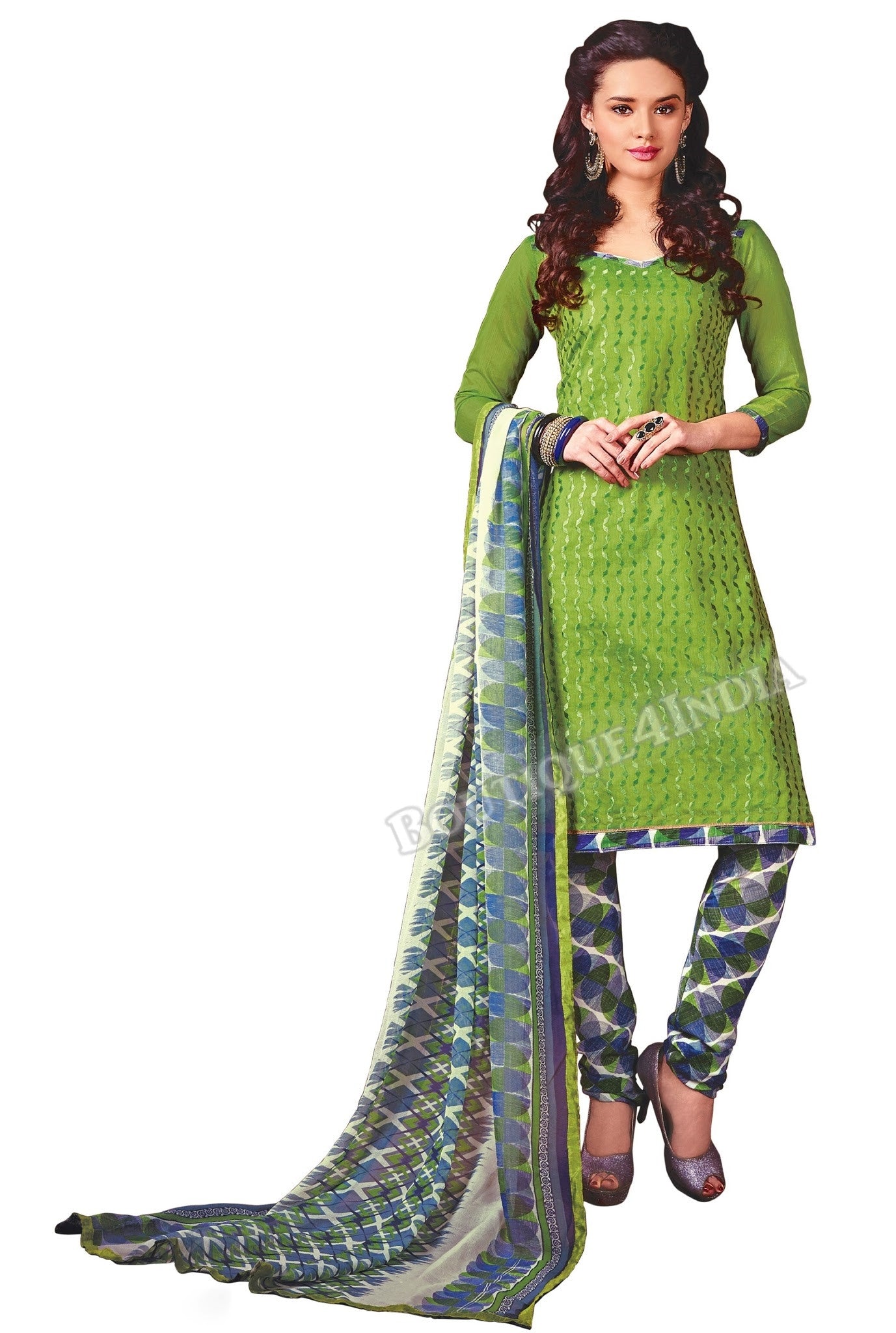 Green Color Chanderi Straight Cut Salwar Suit