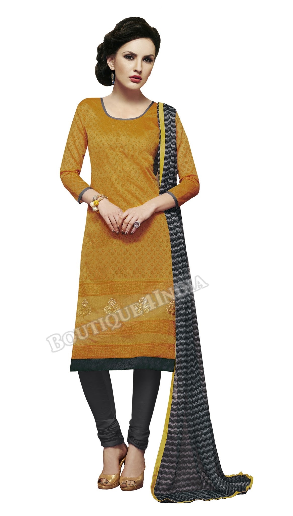 Amber color Chanderi Embroidered Straight Cut Salwar Suit
