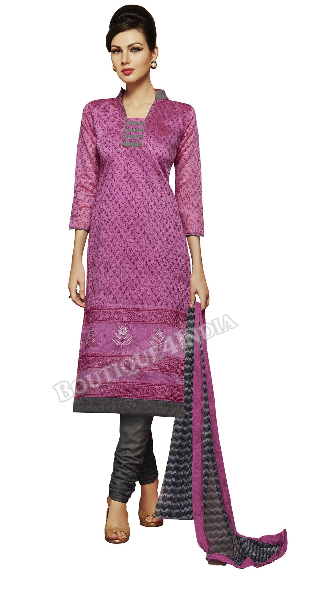 Purple and black Color Chanderi Embroidered Straight Cut Salwar Suit